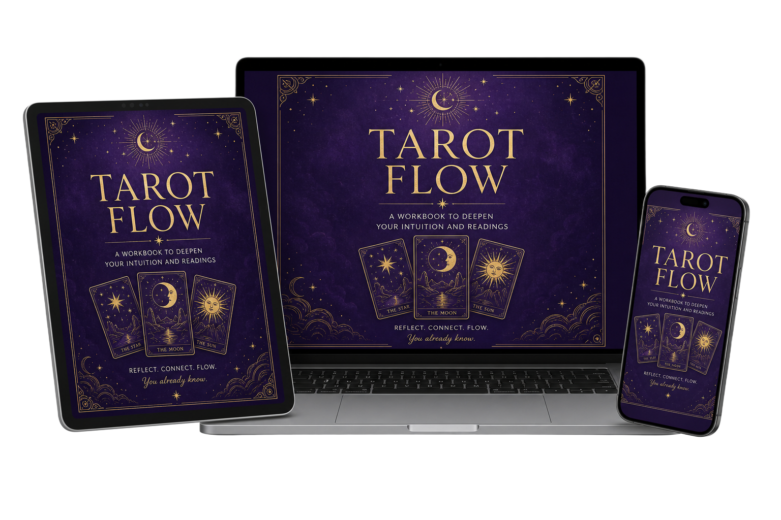 Tarot Flow Workbook on tablet, laptop, and phone